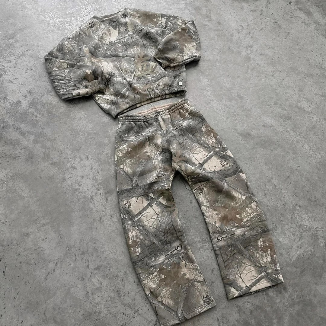 Streetwear Camouflage Two Piece Set European and American Harajuku Zipper Hoodie Y2K Zipper Loose Sports Pants Casual Wide Leg Pants 240911
