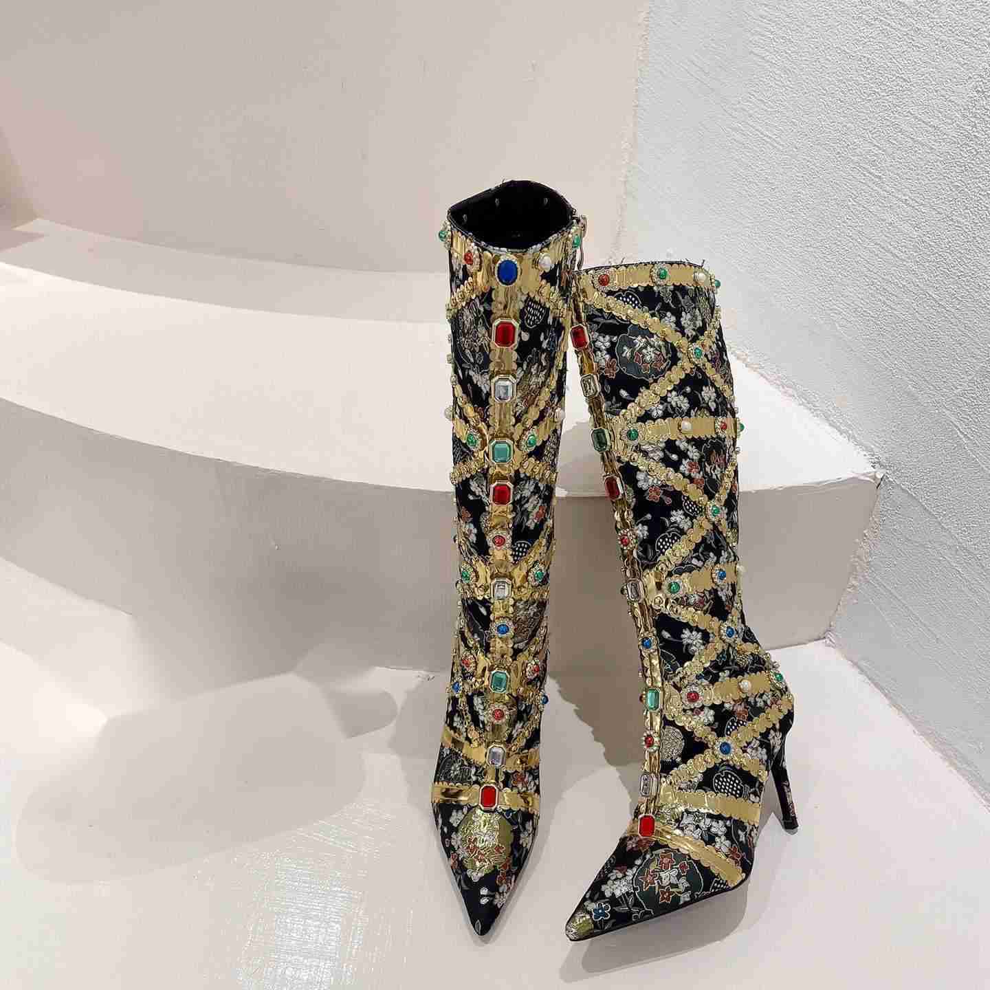 CMM Childrens Fashionable Slim Heel Heavy Handmade Womens Boots Rhinestone Ethnic Pointed High Heeled Long Tube Boots