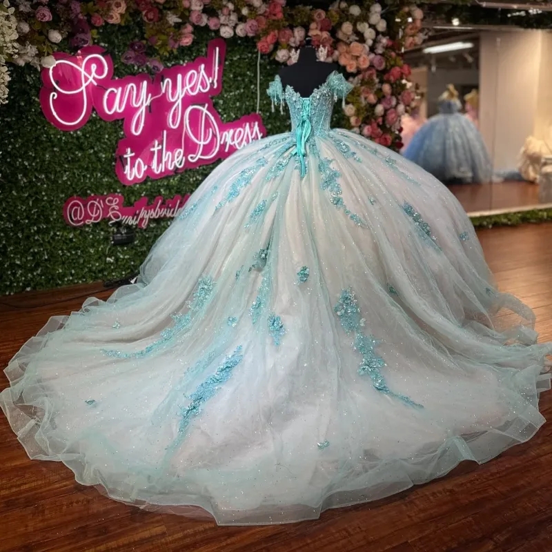 Water Blue Shiny Quinceanera Dresses Off The Shoulder Party Gown Applique Lace Beads Tull Princess Sweet 16 Dress Vestidos De XV 15 Anos