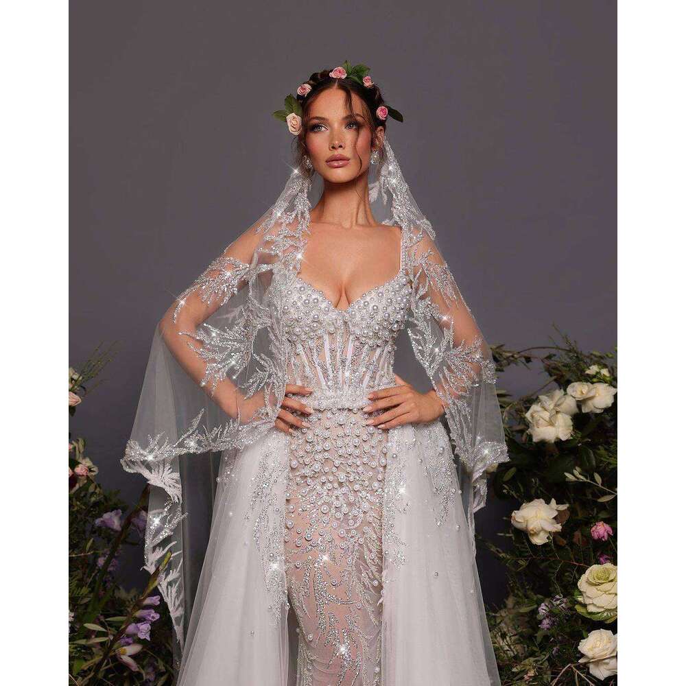 Arrival New Dresses Mermaid Strapless Detachable Pearls Sequins Or Length Princess Bride Wedding Dress Custom Made 0213