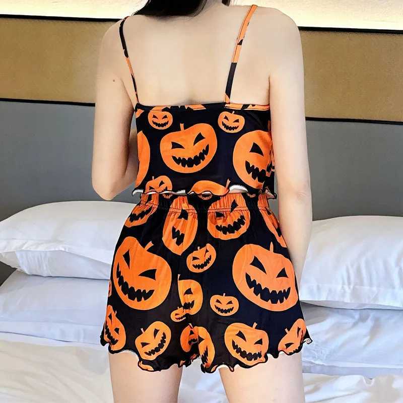 Halloween Pumpkin Women Pajama Set Sleeveless Lettuce Trim Crop Top Elastic Waist Shorts 2 Pieces Female Sleepwear NightwearX240910
