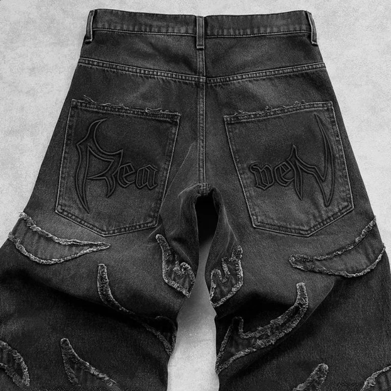 Oversized Embroidered Harajuku Gothic Wide Leg Trouser Streetwear Mens Bag Jeans Y2k Hip Hop Distressed Retro Black Pants 240911