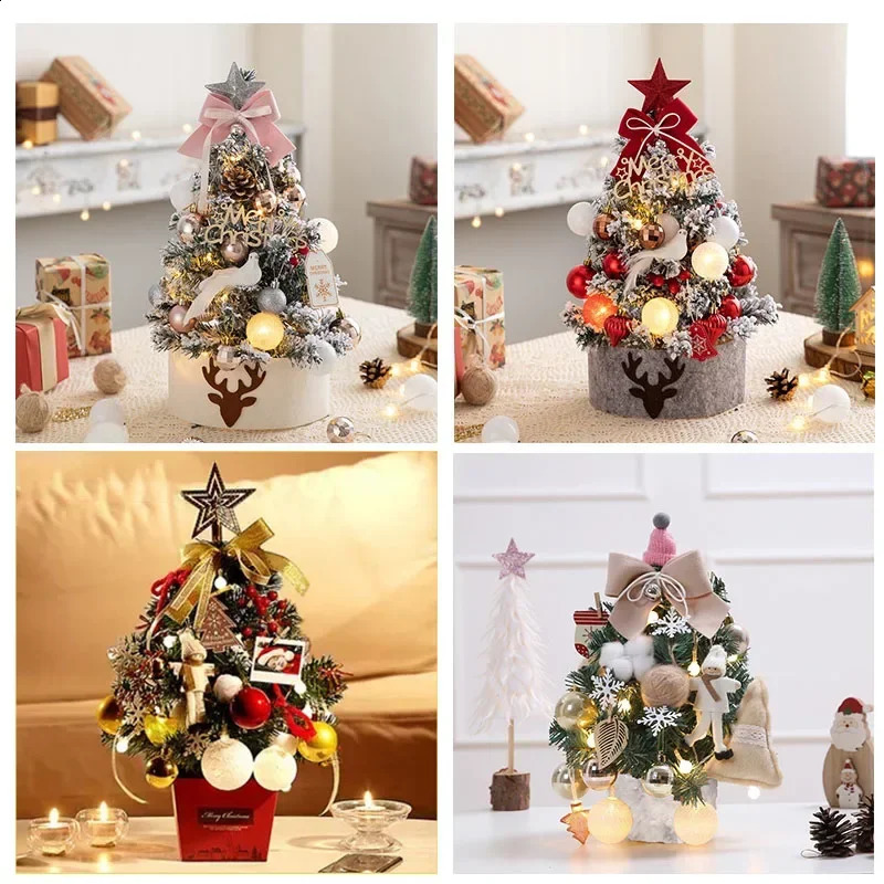 Tabletop Christmas Tree with Deco Kit Red White Ball Ornament and Gift Box Snow Flocked Mini Christmas Tree for Tabletop Deco 240910