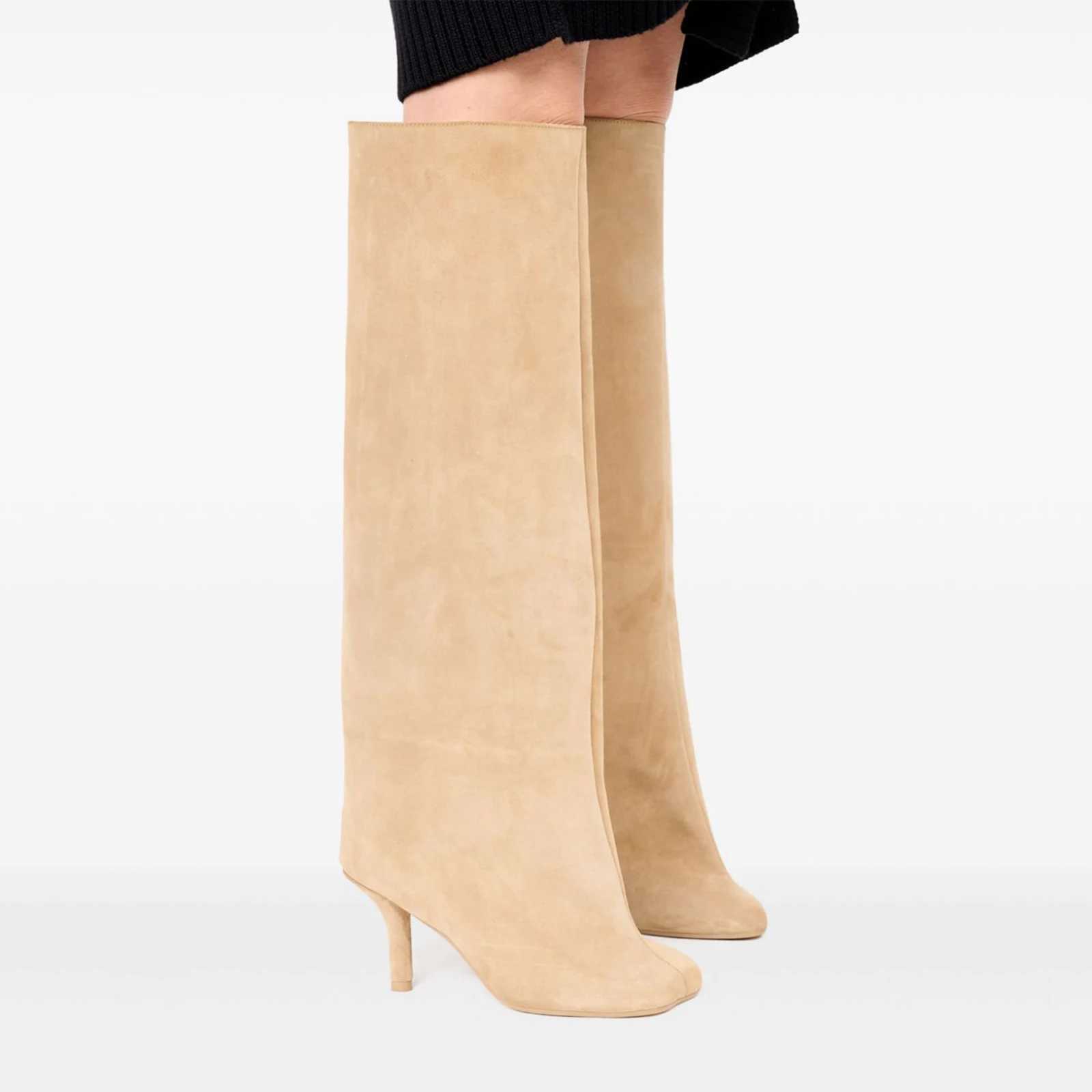 Womens Nude Suede Knee High Square Toe Wide New Calnd Foot Pull On Stiletto Heels Fashion Dress Tall Riding Boots Ladies