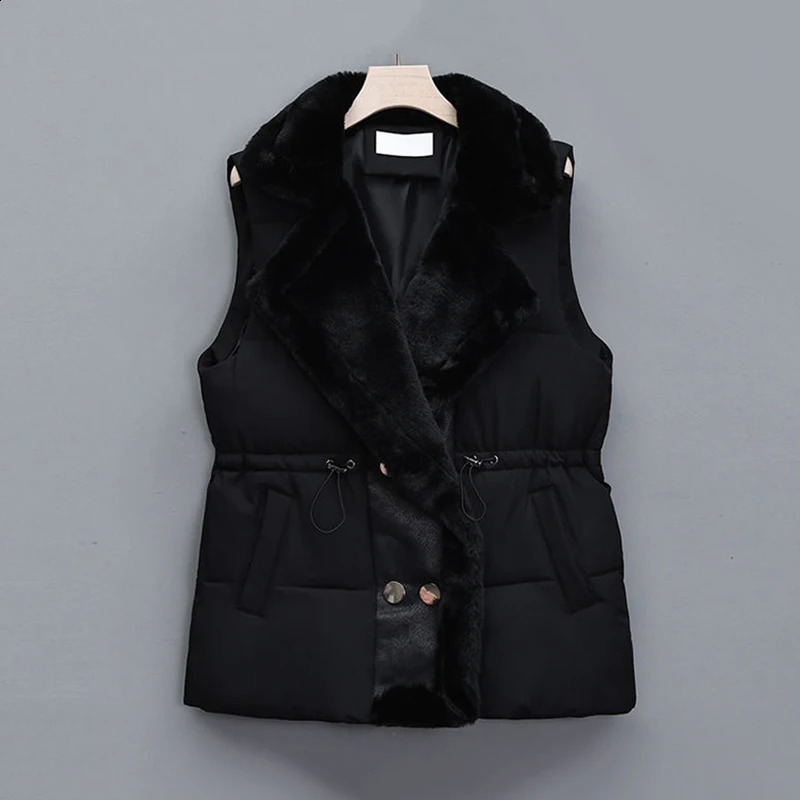 Winter cotton fur integrated down vest womens inflatable standing collar button jacket with drawstring waist 240910