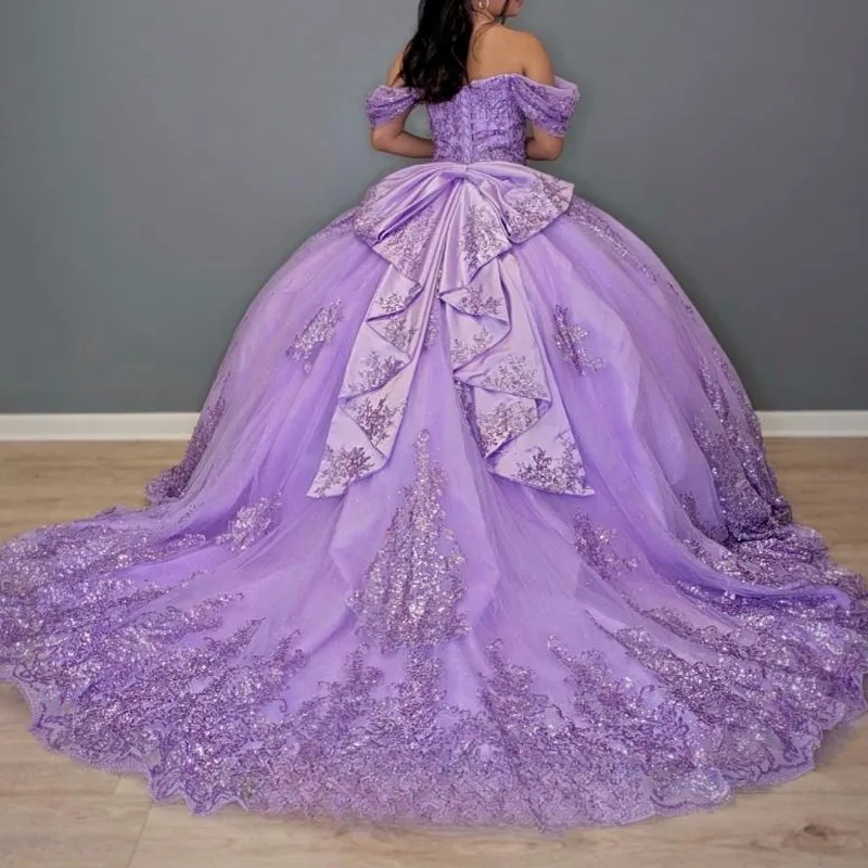 Lavender Shiny Quinceanera Dresses Ball Gown Off The Shoulder Applique Lace Beading Crystals Bow Tull Corset Sweet 16 Vestido De 15 Anos