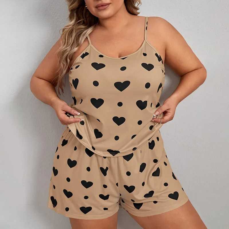 Sleeveless Plus Size Neck Heart Print Women O Pajama Set Crop Top Elastic Waist Shorts 2 Pieces Female Sleepwear NightwearX2409