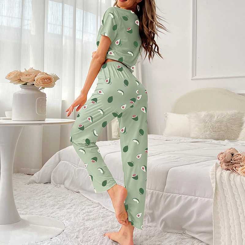 Womens Pajamas Sleepwear Set Soft Comfortable Short Sleeve Tops With Long Pants Pajama 2 Pieces Lingerie Women Home Clothes SuitX2409
