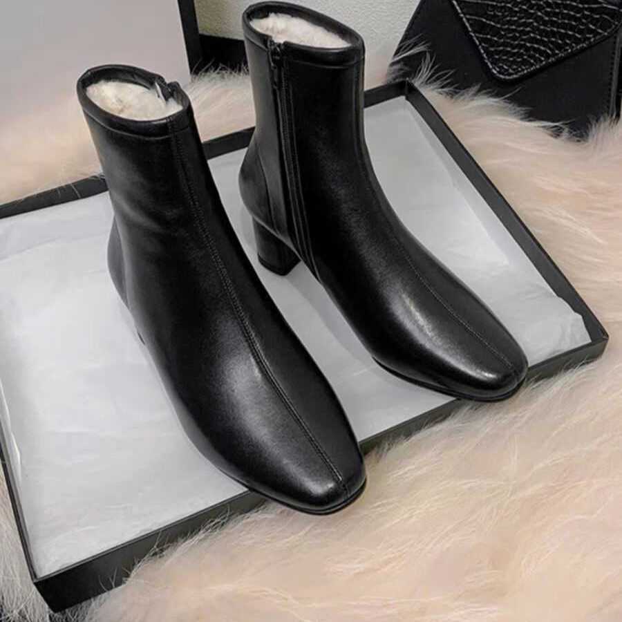 CMM Snow Boots Womens Short Boots Thick Heels High Heels Winter Plush Warm Cotton Shoes Slim Boots
