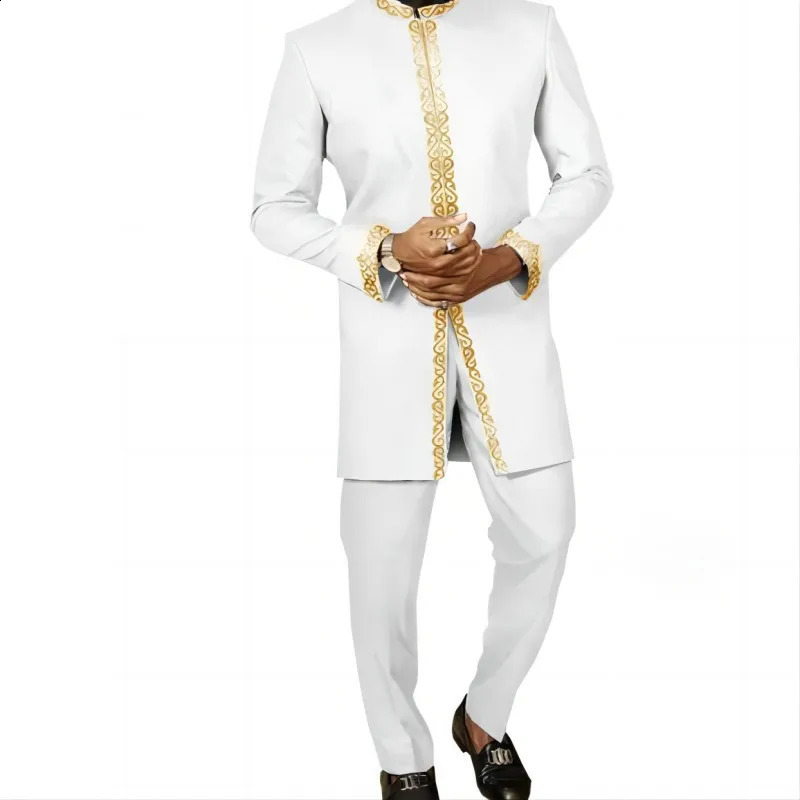 African Mens Clothing Fashion Embroidered Top And Trousers 2 Piece Set Elegant Classic Slim Party Ball Casual Beautiful Suit 240909