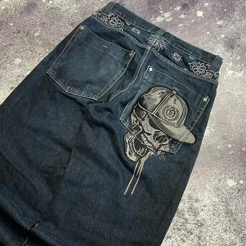 American Y2k Hip Hop Wide Leg Pants Gothic Zipper Skull Embroidered Jeans Mens Harajuku Retro High Waist Casual Jeans Unisex 240911 ww