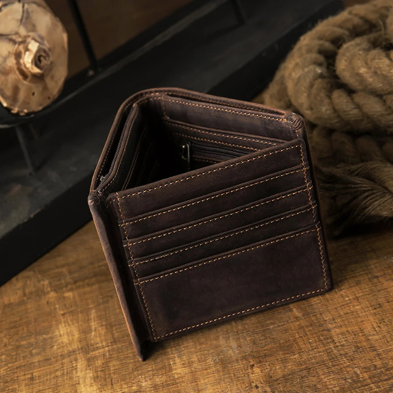 Genuine leather wallet for men vintage card holder crazy horse cowboy currency casual daily use bill 240910