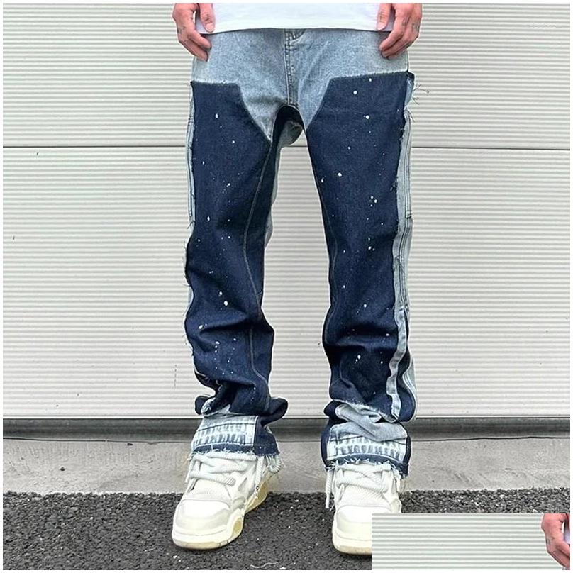 Mens European Ink Sprayed Flared For Men Contrast Color Looen Fit Streetwear Denim Clothes Open Hem Males Drop Delivery Apparel Cloth Dhhrj