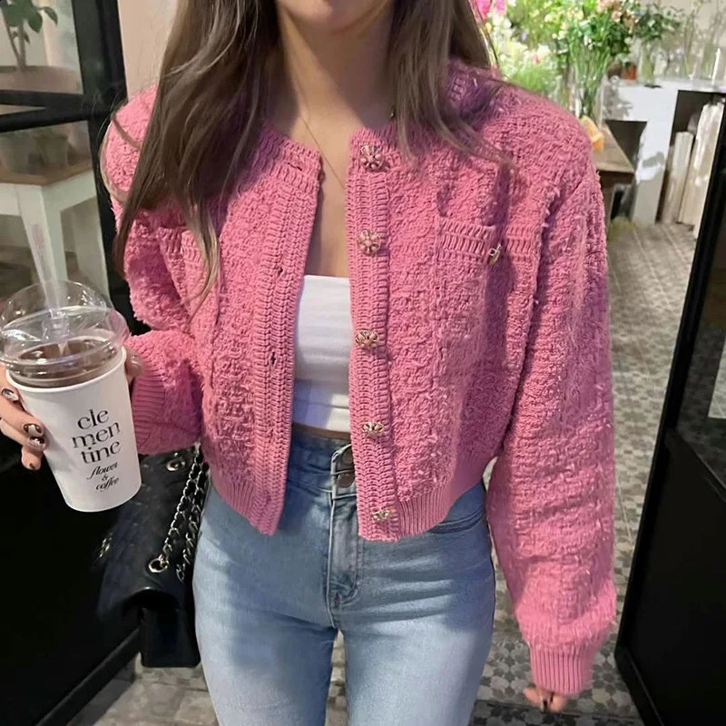 Korean Style Pink Round Neck Cropped Cardigans for Women Chic Button Long Sleeve Knitted Coats Woman Pocket Bling Short Cardigan 240905