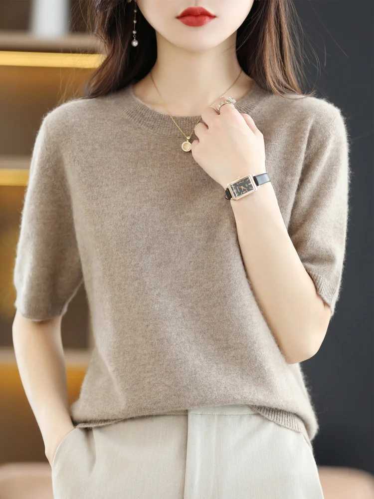 Women Merino Wool Sweater Cashmere Pullover Fashion Basic O-Neck Knitwear Short Sleeve Elegant T-Shirt Clothing Tops M240910