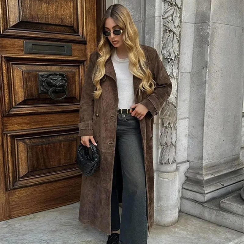 Elegant Suede Leather Belt Long Windbreaker Coat Fashion Double Button Lapel Oversize Jacket 2024 Autumn High Quality Streetwear y240910