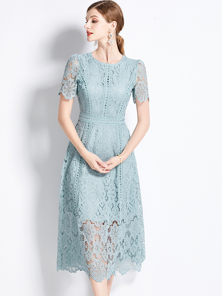HMA Vintage High-End O-Neck Short Sleeve Lace Hollow Out Dress For Womens Summer Slim Elegant Long Dress Female Clothing