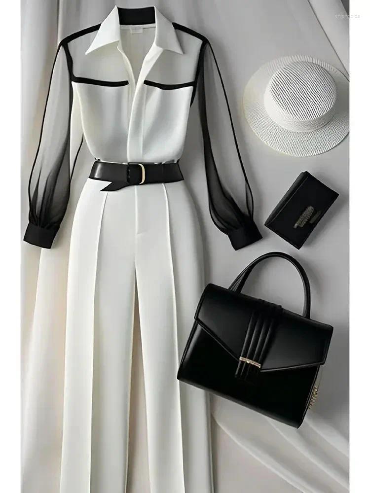 Women's Two Piece Pants White Trousers 2 Pieces Loose Pants Suit Womens Two Peice Sets Vintage Perspective Shirt Autumn Blouse Sleeve Korean Top