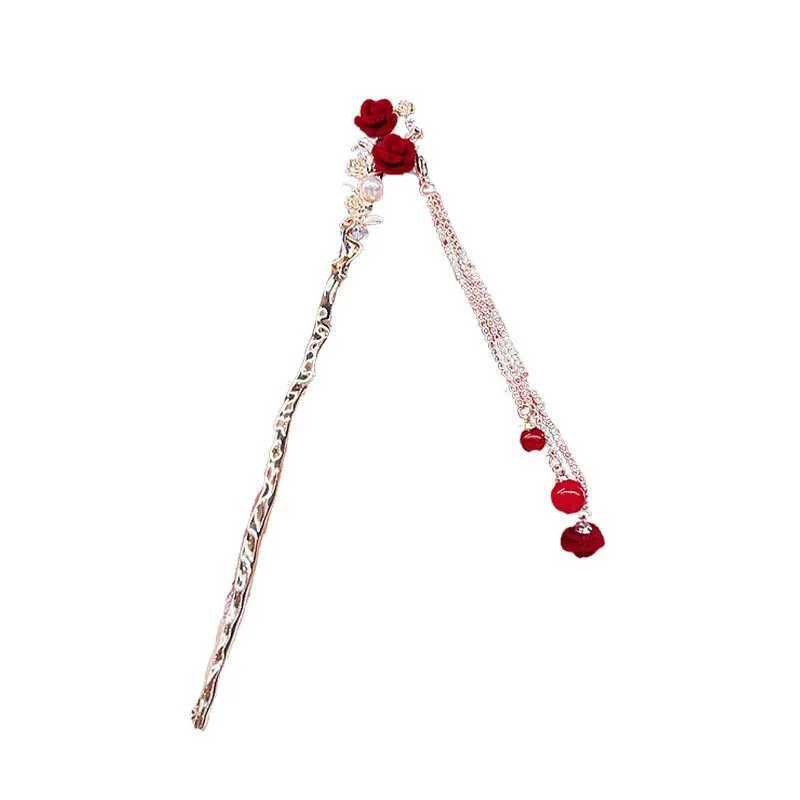 Retro Red Hair Stick Chinese Style Hanfu Tassel Women Flowers Chopsticks Alloy Hairpin Woman Jewelry Hair Clip AccessoriesX2409