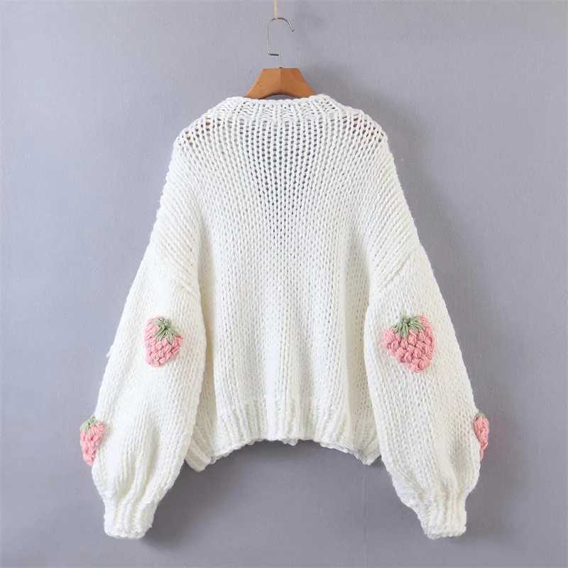 Womens Knitted Sweater Cardigans Fall Korean Style Casual All-Matched V-Neck Strawberry Knitting Lantern Sleeve Loose Sweaters M240910