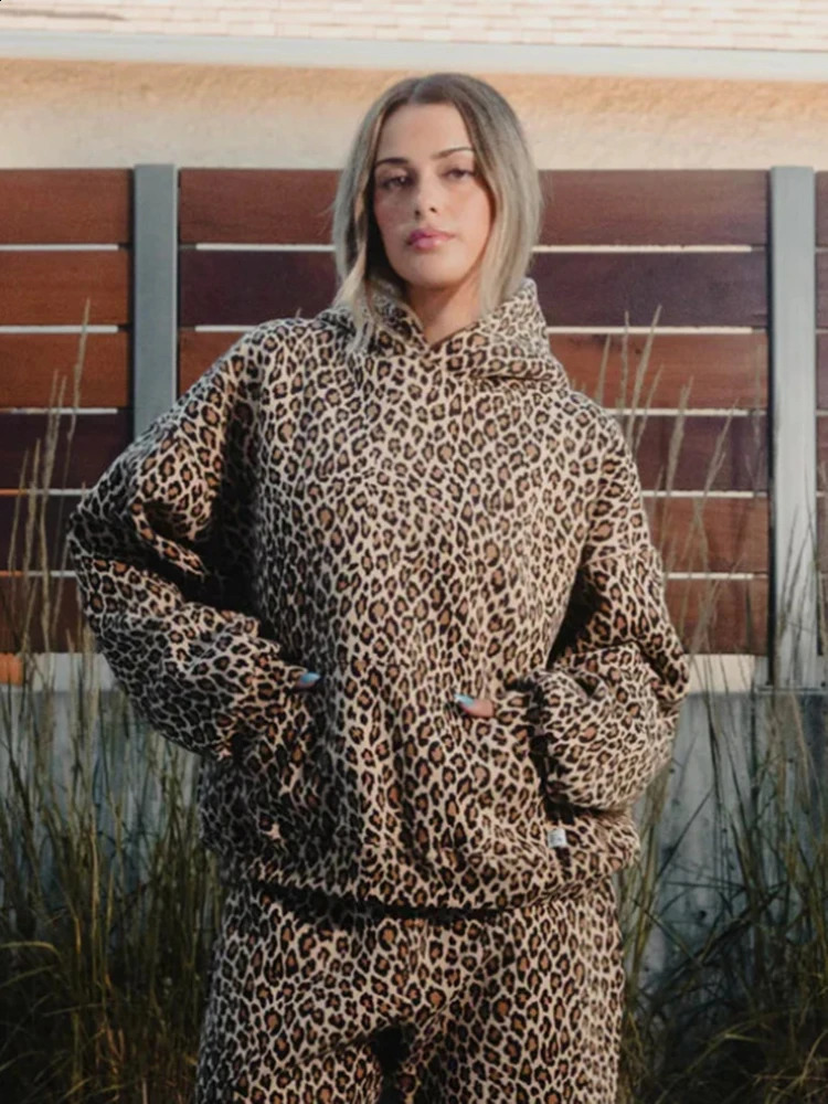 American retro leopard print hooded sweatshirt womens autumn long sleeved top hooded sweatshirt streetwear hip-hop zipper Y2K sportswear style 240910
