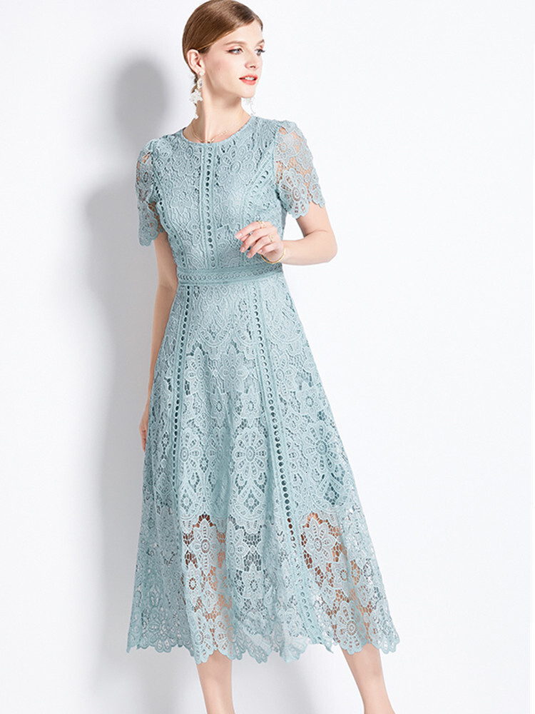HMA Vintage High-End O-Neck Short Sleeve Lace Hollow Out Dress For Womens Summer Slim Elegant Long Dress Female Clothing