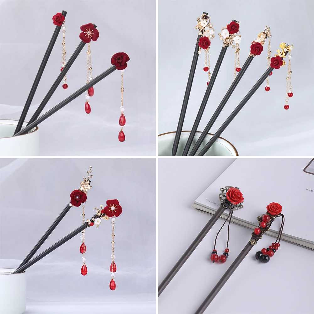 Vintage Wood Flower Tassel Hairpin For Women Girl Antique Hair Stick Hair Clip Costume Chinese Hanfu Hair Accessories Hair PinsX2409