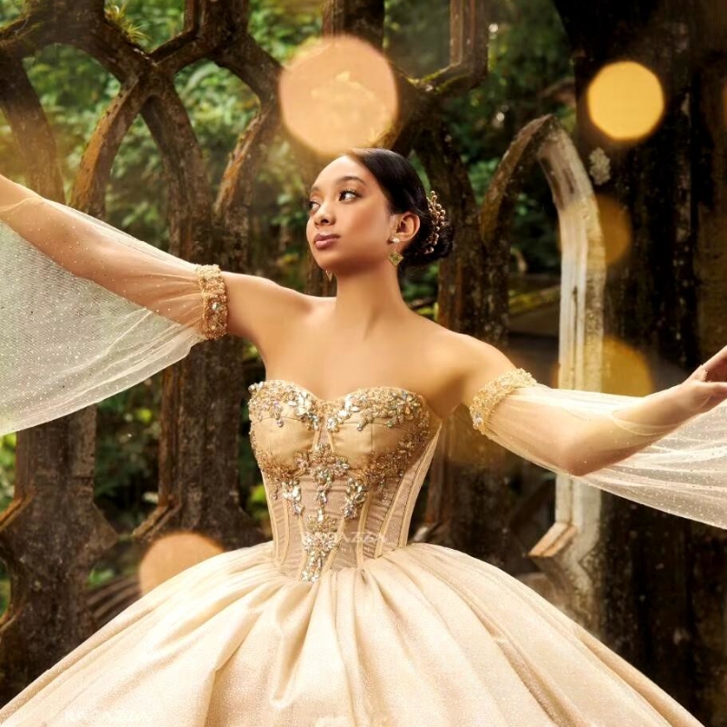 Champagne Gold Gillter Princess Quinceanera Dresses With Cape Sleeve Sweetheart Crystal Beads Tull Vestido debutante 15 anos Sweet 16 Dress