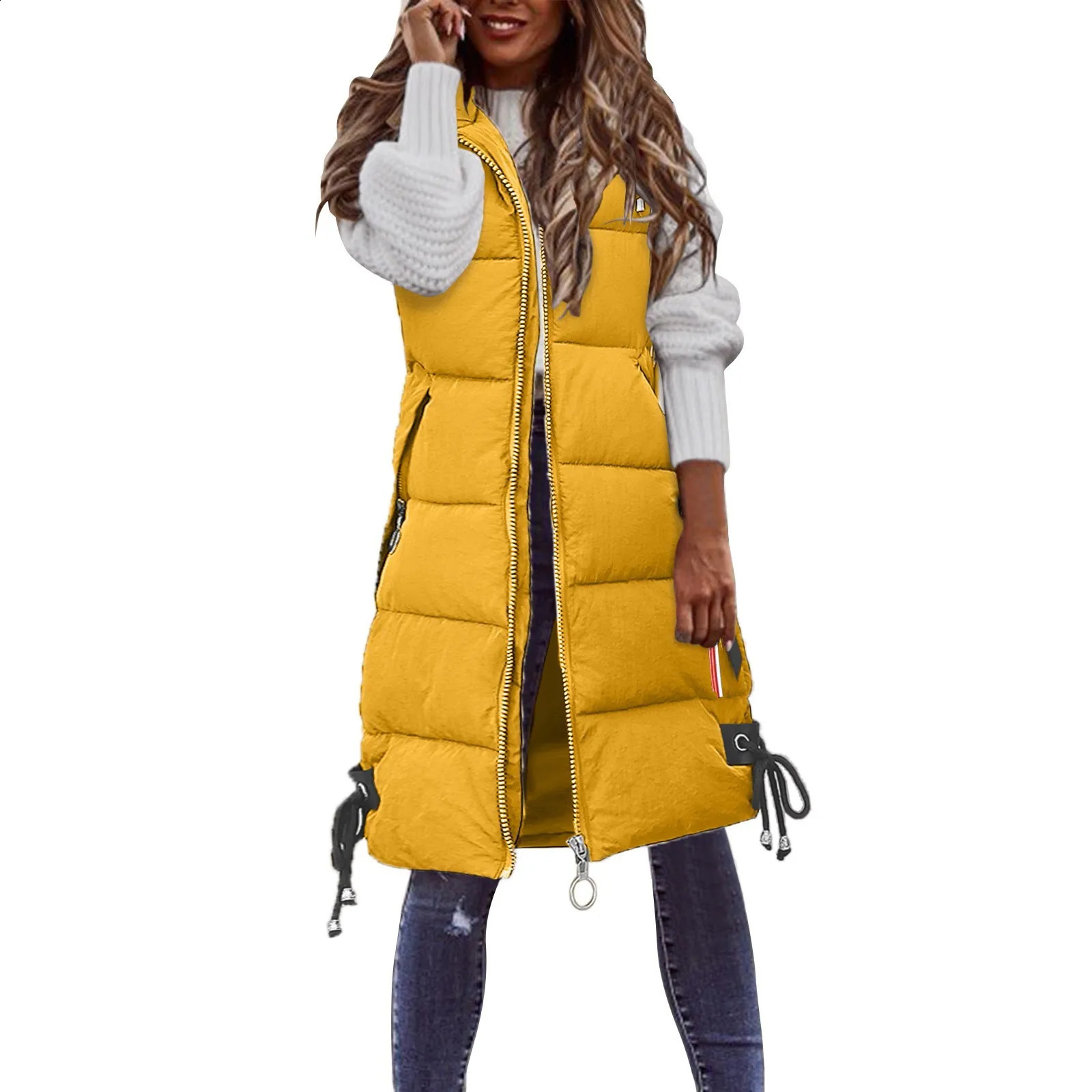 Womens solid hooded vest with zipper pocket loose sleeveless jacket long coat womens winter warm cold resistant 240910