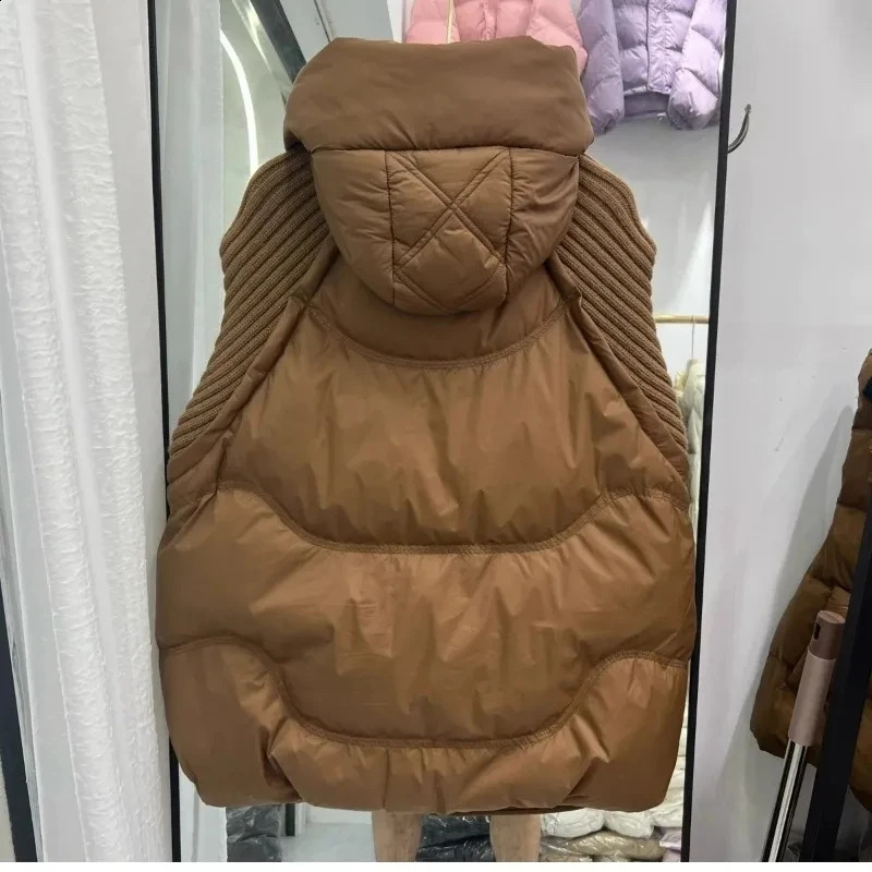 knitted spliced cotton vest jacket for womens autumn and winter fashion short sleeved sleeveless hooded sweatshirt top 240910