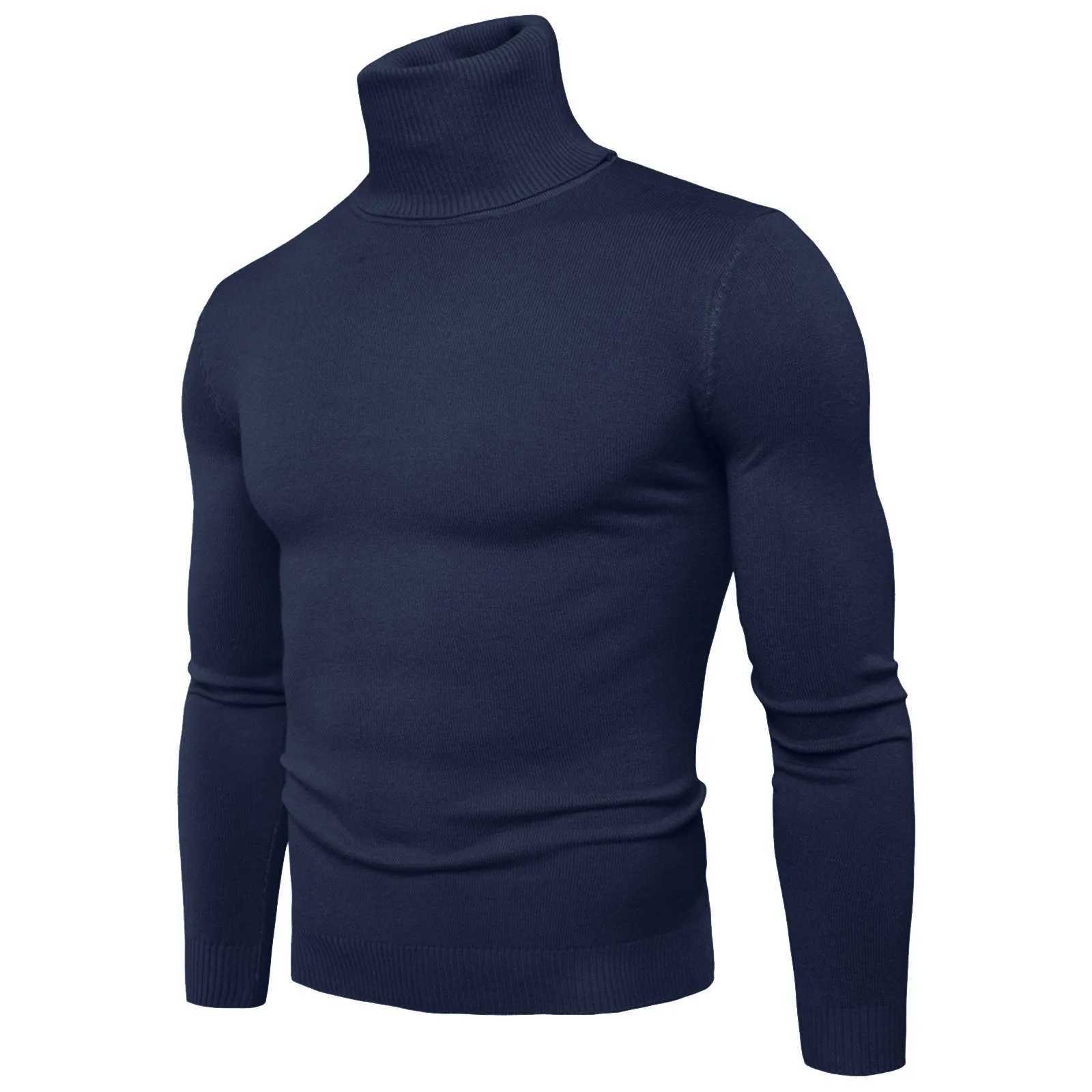 Mens autumn and winter solid color navy blue neck sweater soft solid color close fitting ultra-thin jacket W2411111