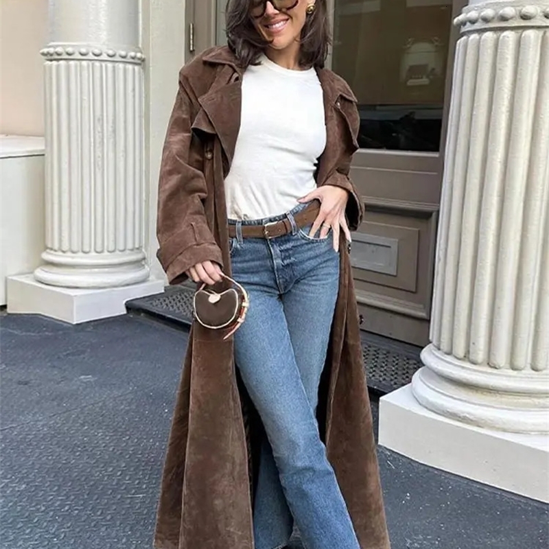Elegant Suede Leather Belt Long Windbreaker Coat Fashion Double Button Lapel Oversize Jacket 2024 Autumn High Quality Streetwear y240910