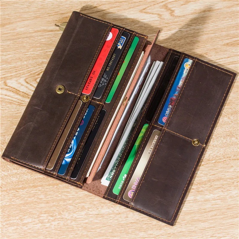 Vintage denim leather mens long wallet card holder business multi one layer 240910