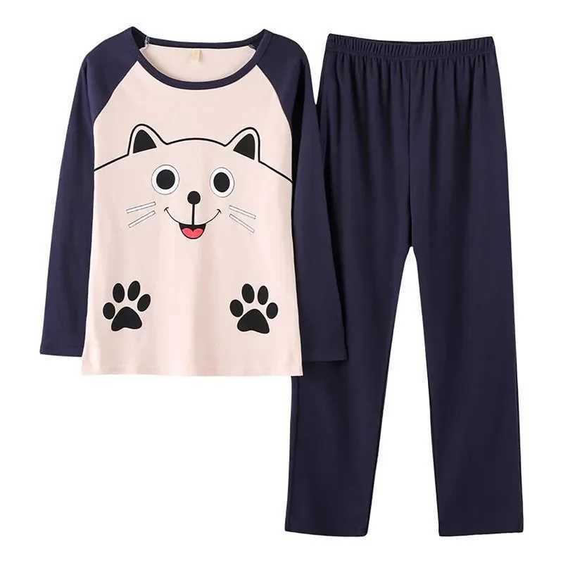 Cotton Pajamas Womens Spring and Autumn Models Long-sleeved Home Cartoon Service Womens Simple Loose Casual Suit Large SizeX2409