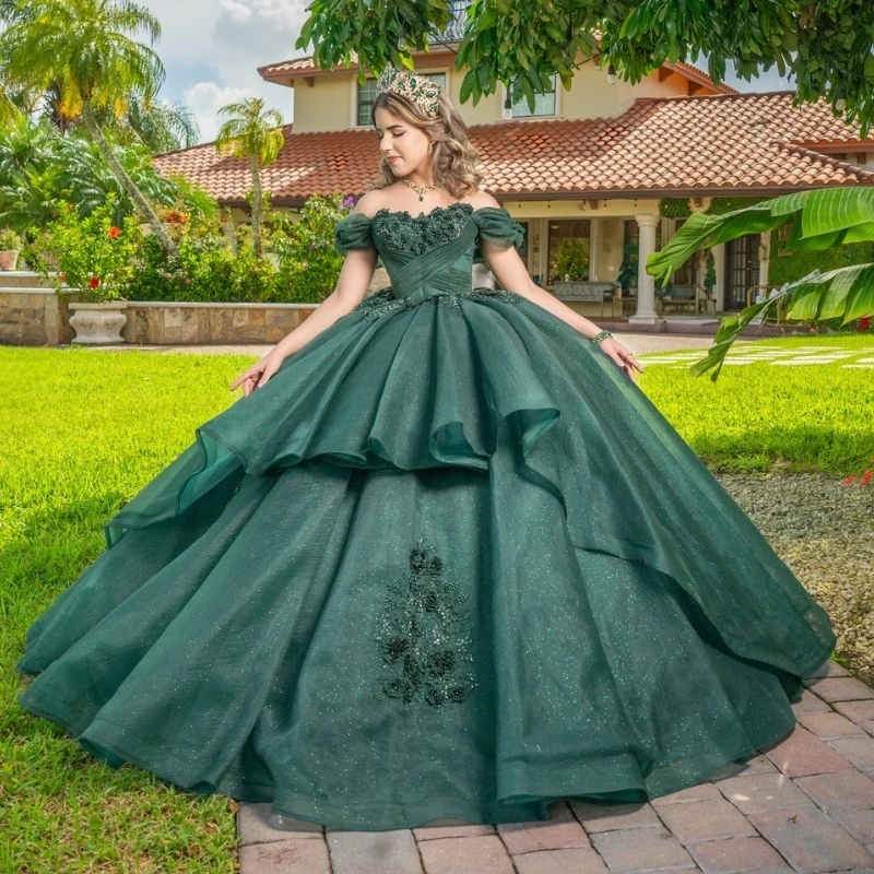 Blackish Green Shiny Ball Gown Quinceanera Dresses Off The Shoulder Applique Lace Beads Tull Tiered Sweet 16 Dress Vestidos 15 De