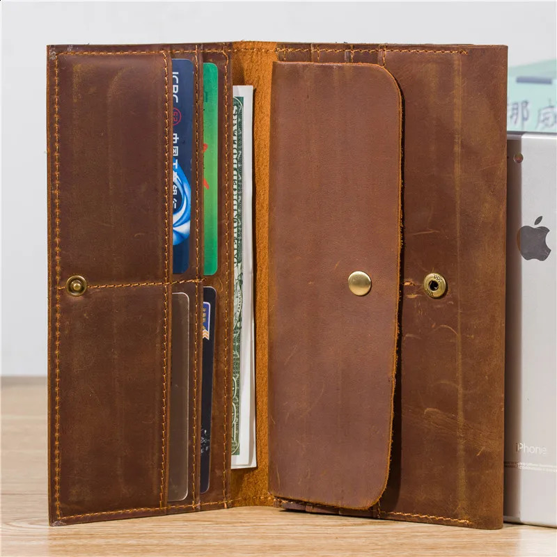 Vintage denim leather mens long wallet card holder business multi one layer 240910