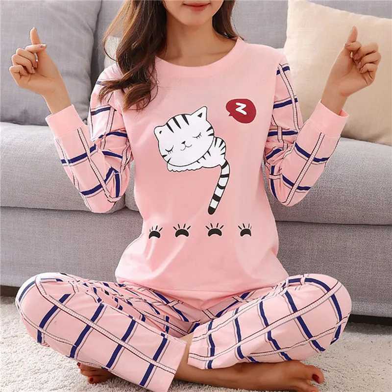 Autumn Thin 2pieces Pyjamas Set Women Cotton Round Neck Girls Bear Pajamas Sets Teacup Cat Full Spwear Tops Pajama jerXJ250220
