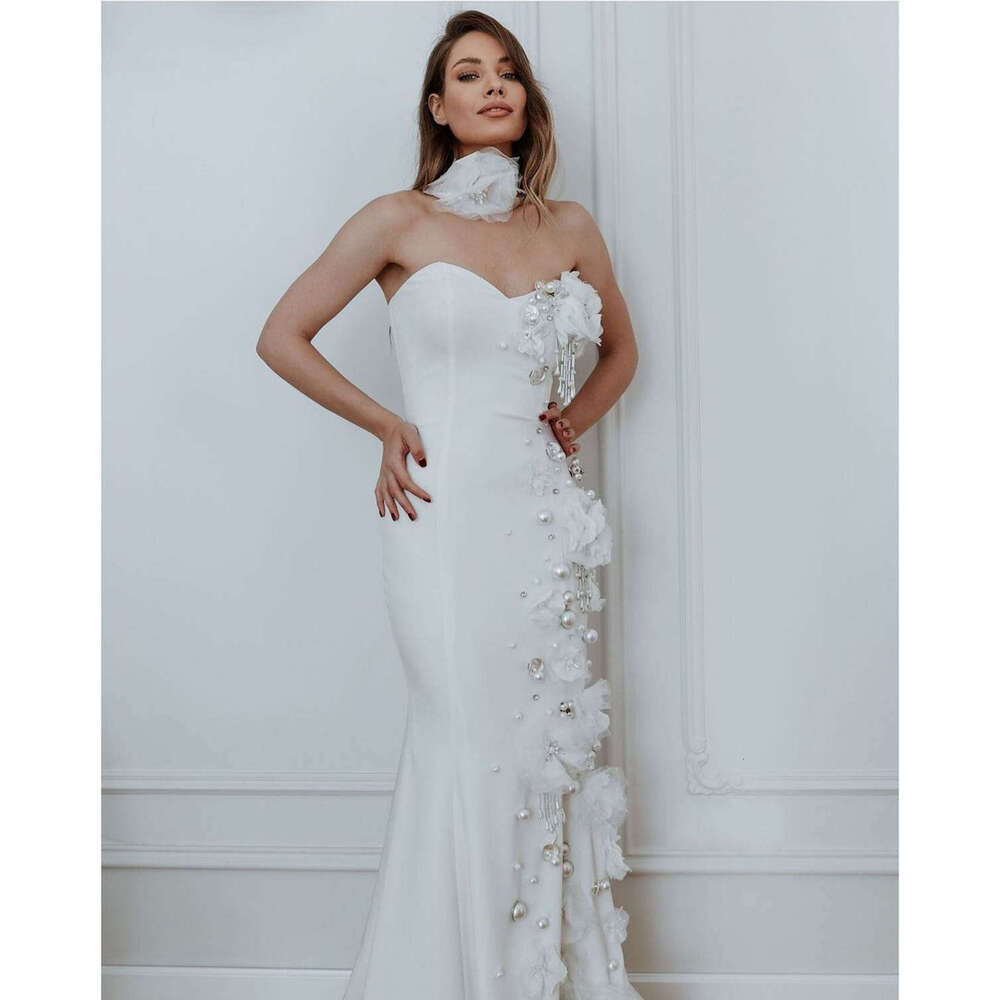 Elegant Evening Dresses Mermaid Strapless Appliques Pearls Sleeveless Prom Gown Party Dress Vestido De Noite Custom Made 0228Lz