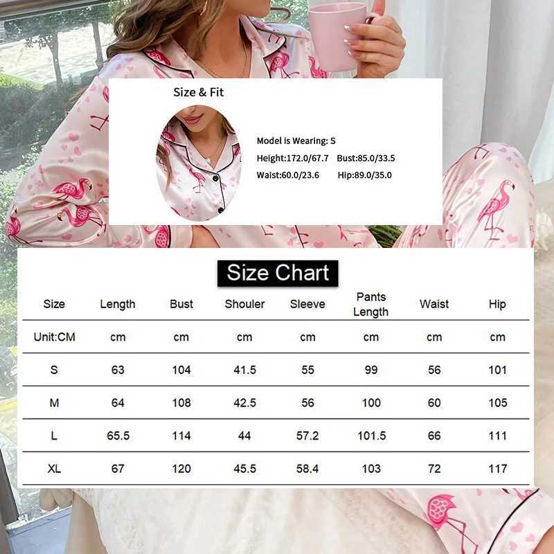 Womens Satin Pajamas Flamingo Print Pyjama Femme Casual Home Clothing Autumn Lapel Collar Button Tops Pants Sleepwear 2 PieceX240910