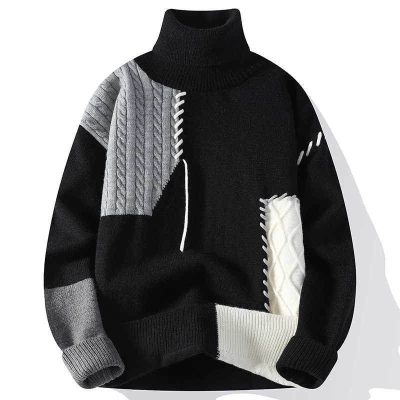 Turtleneck sweater mens patch work style street clothing high neck knitted sweater Harajuku Japanese style jumper W2411111