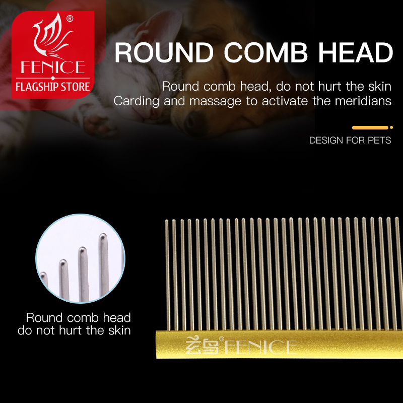 Fenice Dog Comb Long Thick Hair Fur Removal Brush Stainless Steel Pets Dog Cat Grooming Combs For Shaggy Dogs Barber