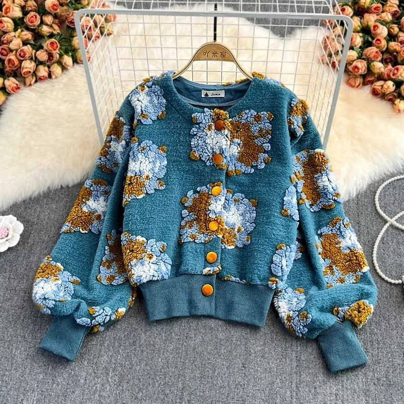 Spring 3D Flower Bubble Sleeve Oneck Plush Open Fleece Sweater Warm Coat Top Womens Red Dress 240906