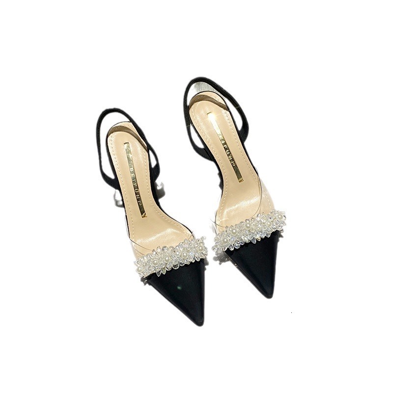 High Heeled Sandals Summer New Fashion Beige Retro Comfortable Transparent Casual Pointed Black Women Free Shipping