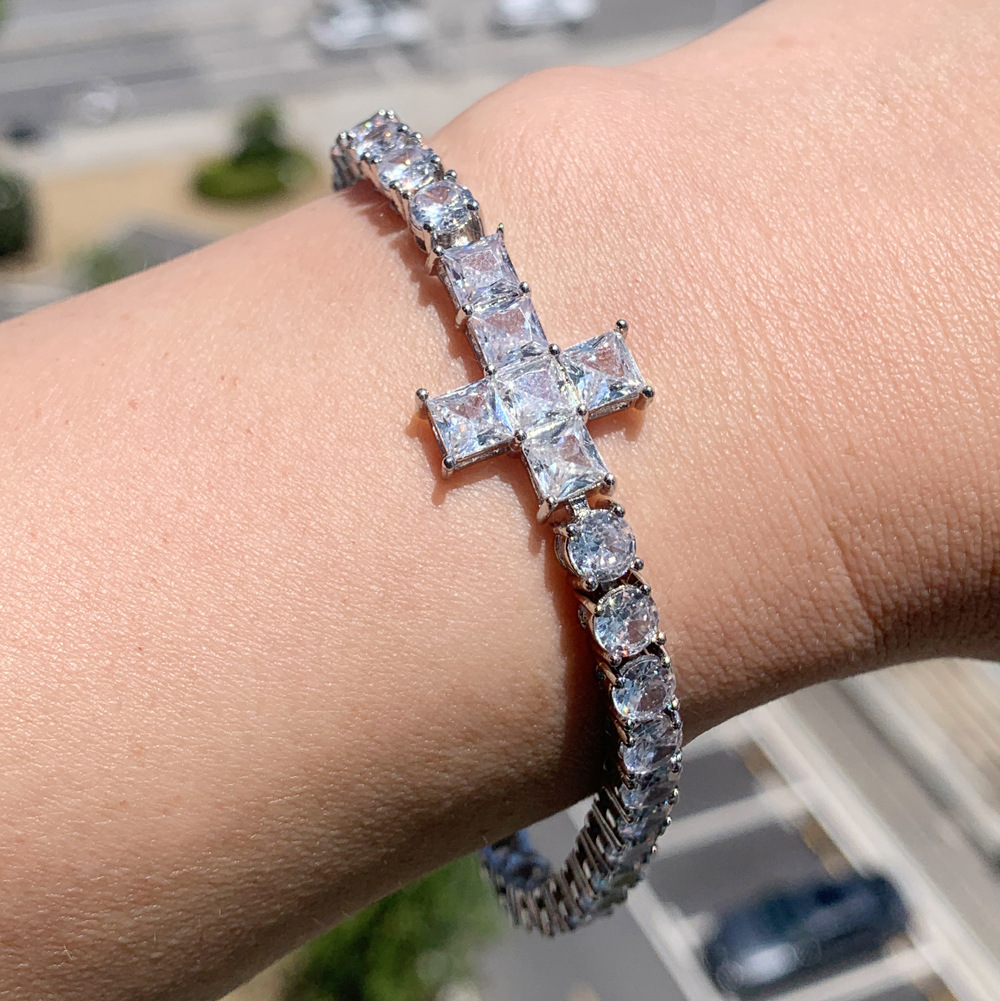 Hip Hop Cross Tennis Chain Bracelet TopBling Cubic Zircon Lover Couple Jewelry