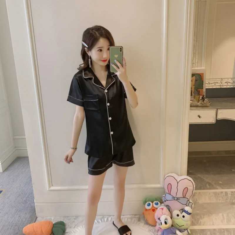 Women Ice Silk Pajamas Korean Version of the Lapel Cardigan Ladies Comfortable Spwear Two-Piece Set Soft Casual NightwearXJ250220