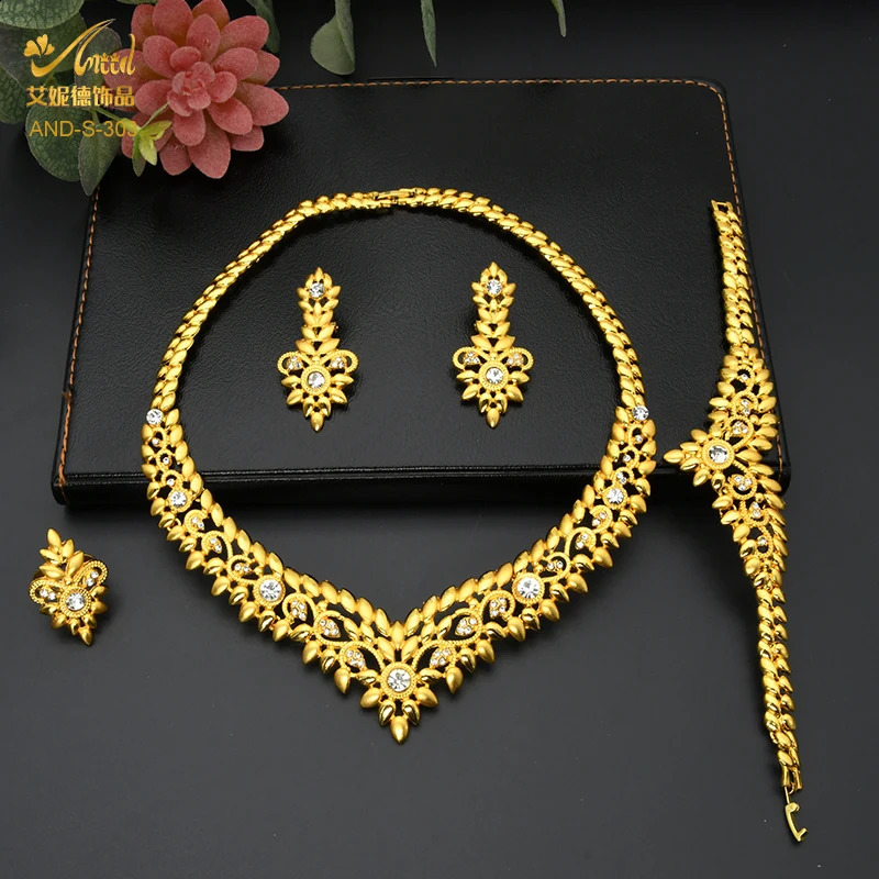 ANIID Dubai Jewelry Set Gold 24k African Nigeria Necklace Bracelet Earrings Wedding Jewelry Party 240910