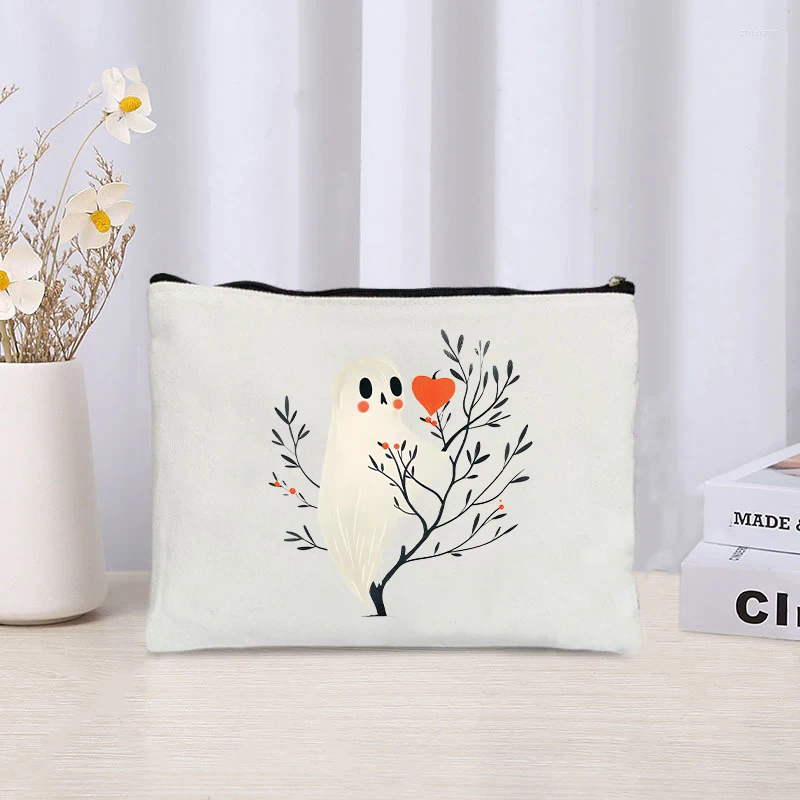 Cosmetic Bags Cartoon Ghost With Red Heart ating Printed Canvas Bag Organizer Zipper Storage Pouch Pencil Case Halloween zhanyishengli