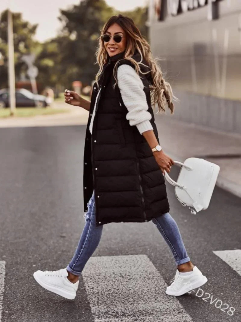 Sleeveless winter jacket womens Midi Coats down vest keeps warm and elegant black hooded streetwear fashionable cotton coat 240910