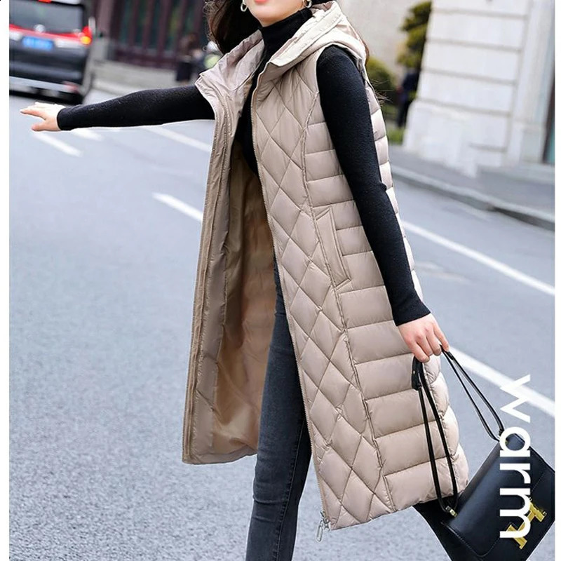 Autumn and winter womens fashionable cotton padded vest elegant ultrathin sleeveless zipper hooded jacket casual quilted long park 240910
