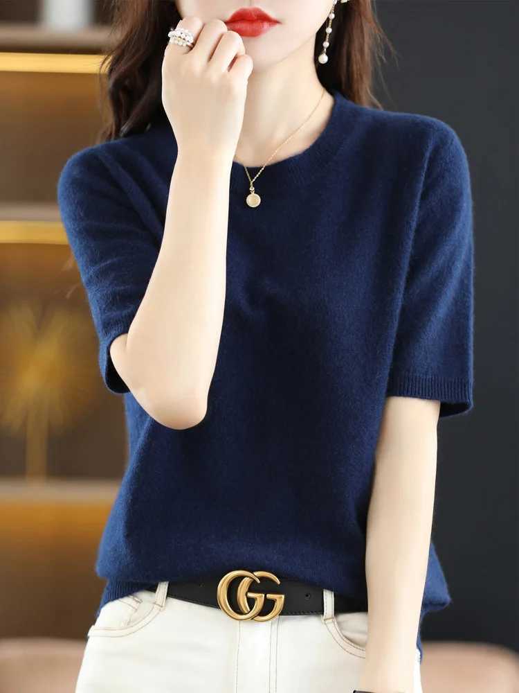 Women Merino Wool Sweater Cashmere Pullover Fashion Basic O-Neck Knitwear Short Sleeve Elegant T-Shirt Clothing Tops M240910